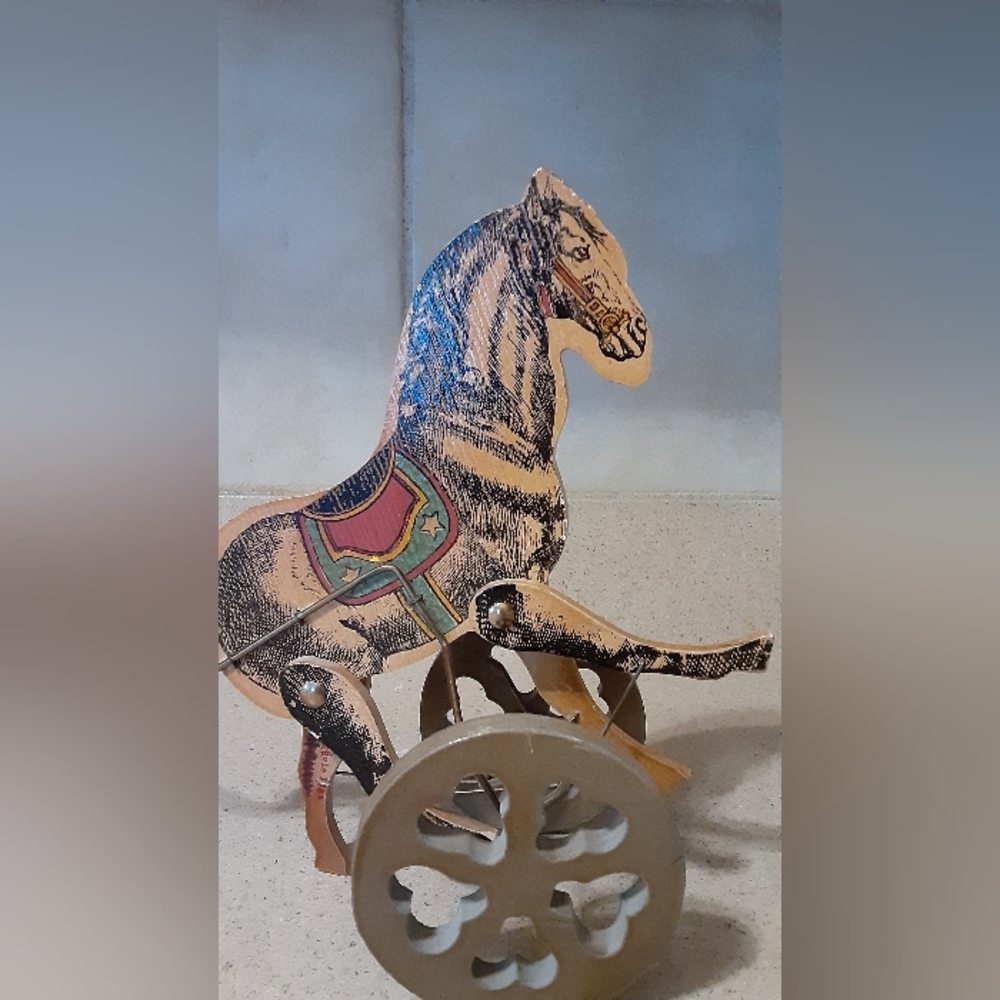 Louis Nichole Vintage Litho Wooden Walking Horse Figurine Push Toy Listing - Picture 8 of 8